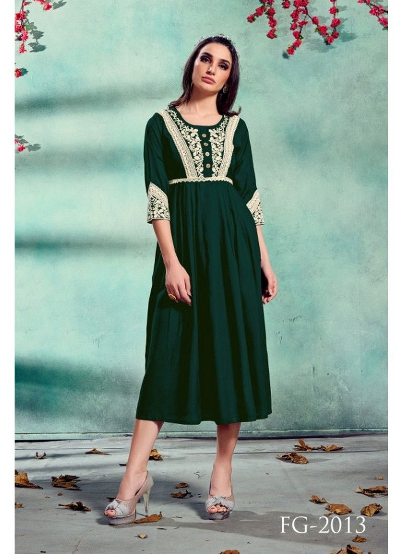 Green Colour FG Rosebery Vol 1 Pure Rayon with Lucknowi Embroidery Work New Western Kurtis 2013